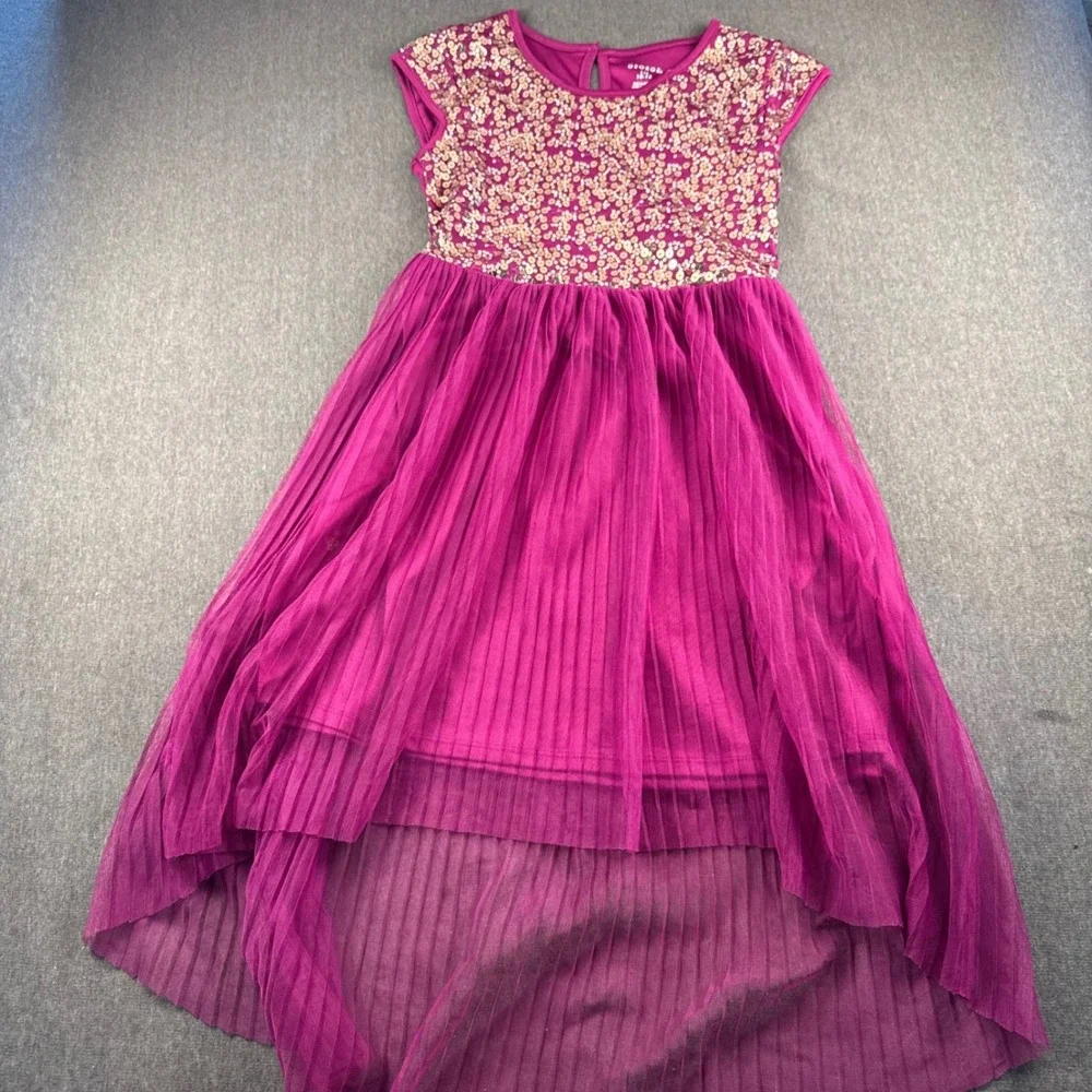 George Girls Magenta Sequin High Low Pleated Tulle Party Dress Size L 10-12